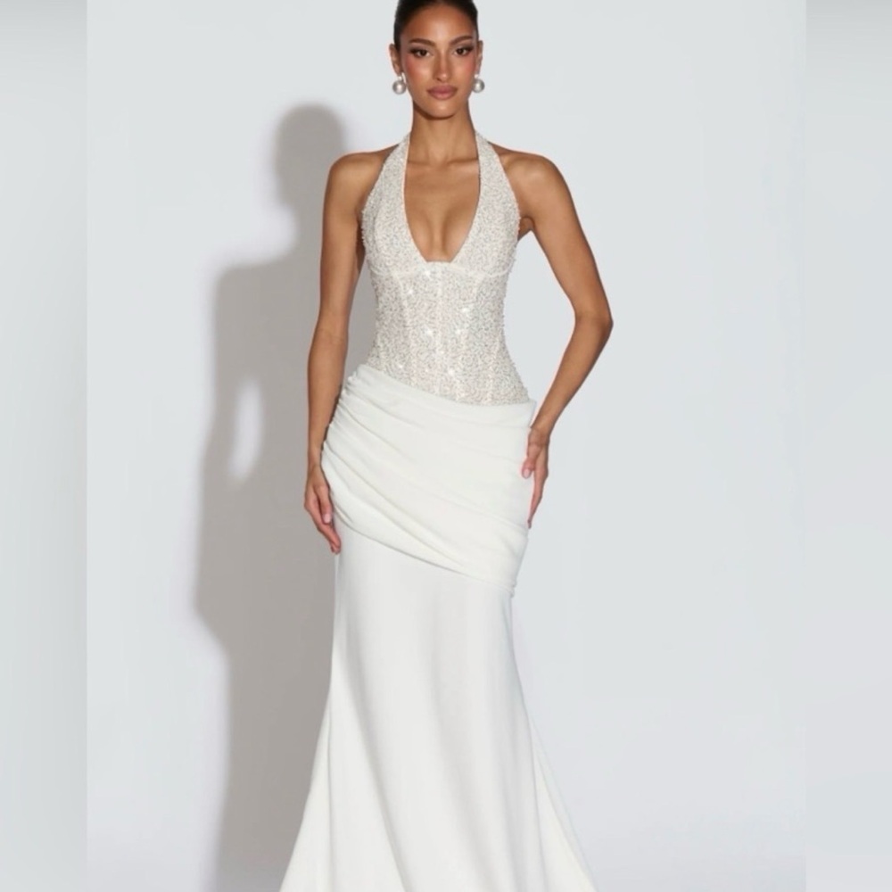 Beaded Halter White Wedding Gown with Draped Waist